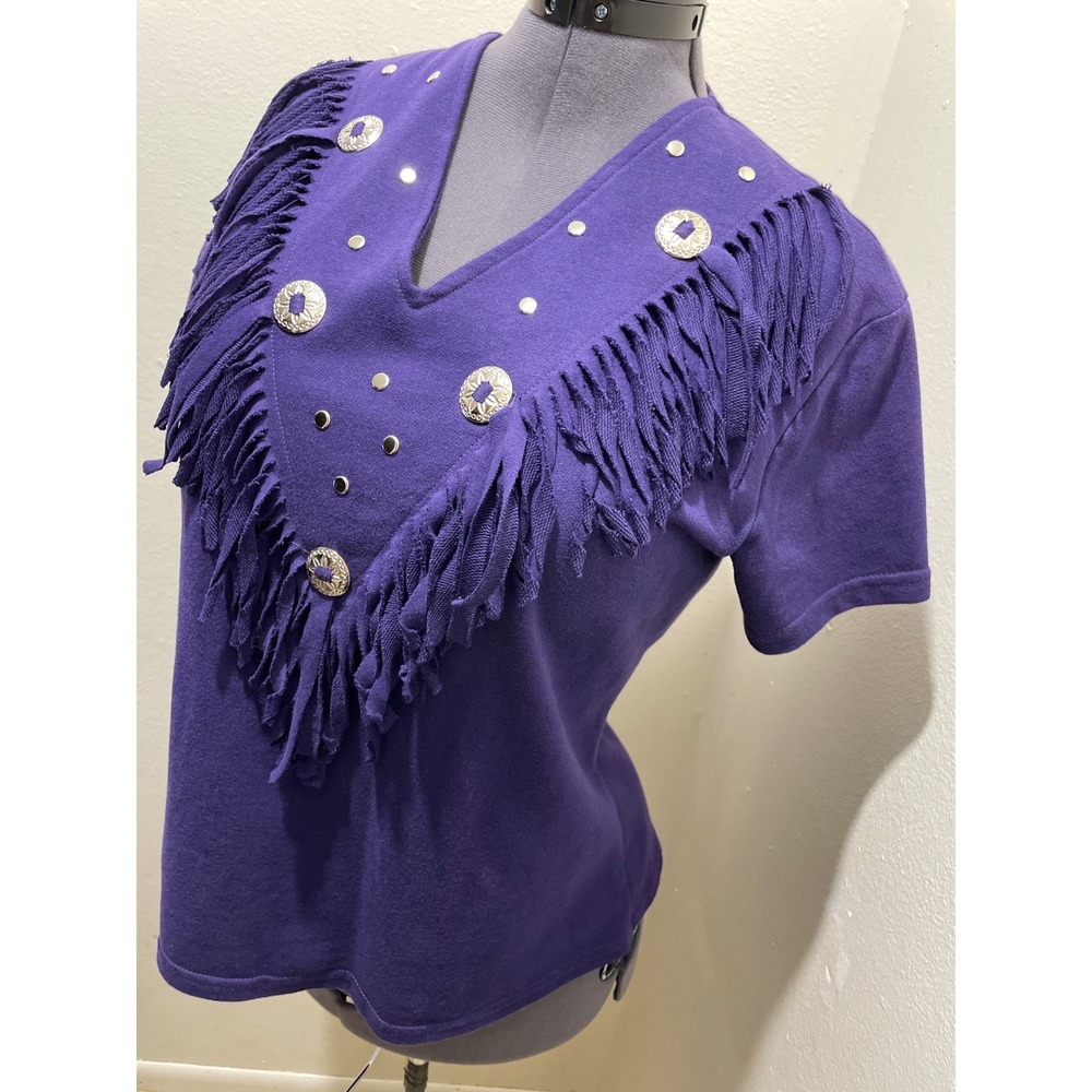 Vintage Young Country Western Wear Purple Fringe Top Concho Studded Shirt Large